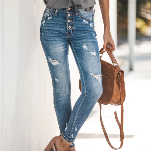 High Rise Distressed Ripped Denim Jeans Skinny - Picture 6 of 9